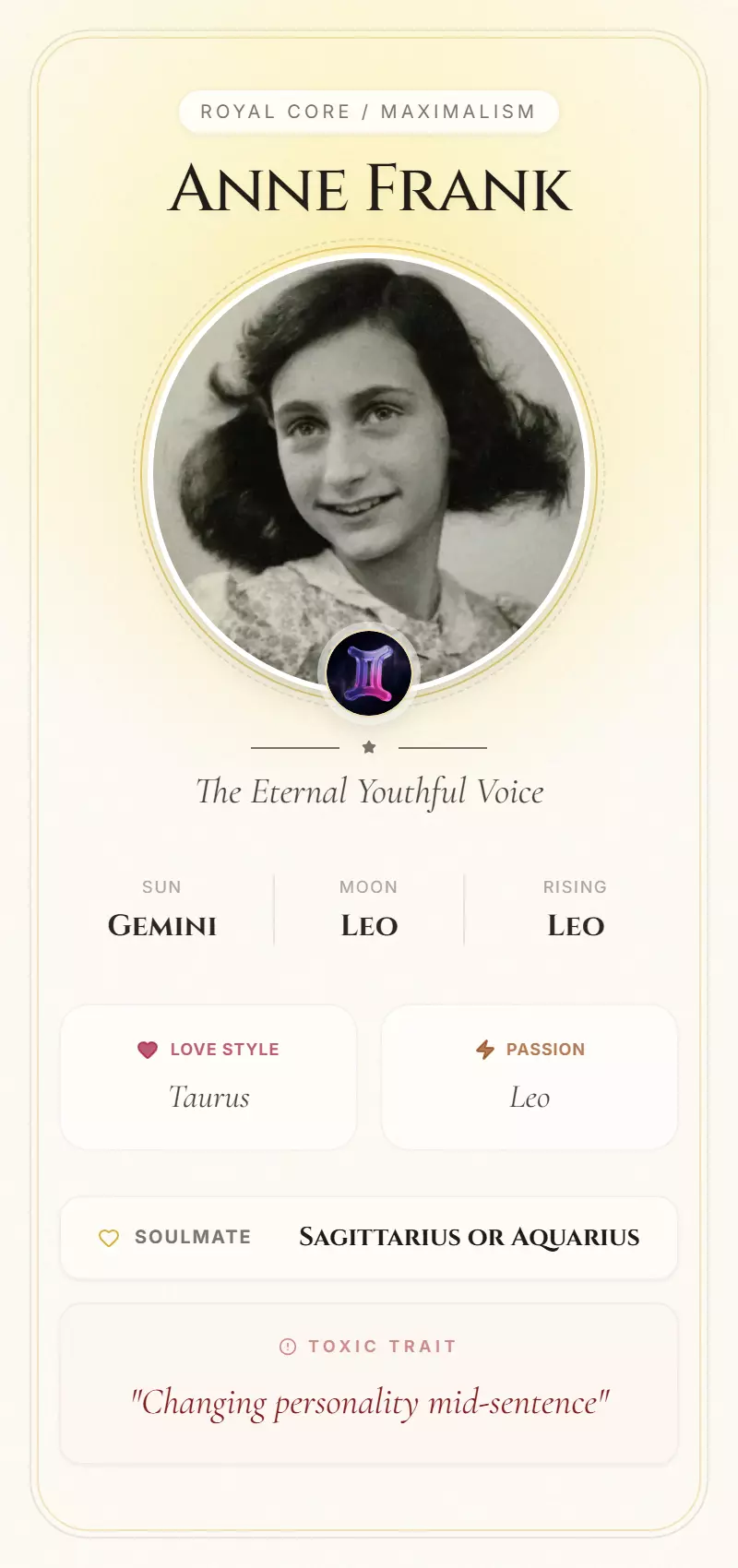 Anne Frank Astrology Star Card