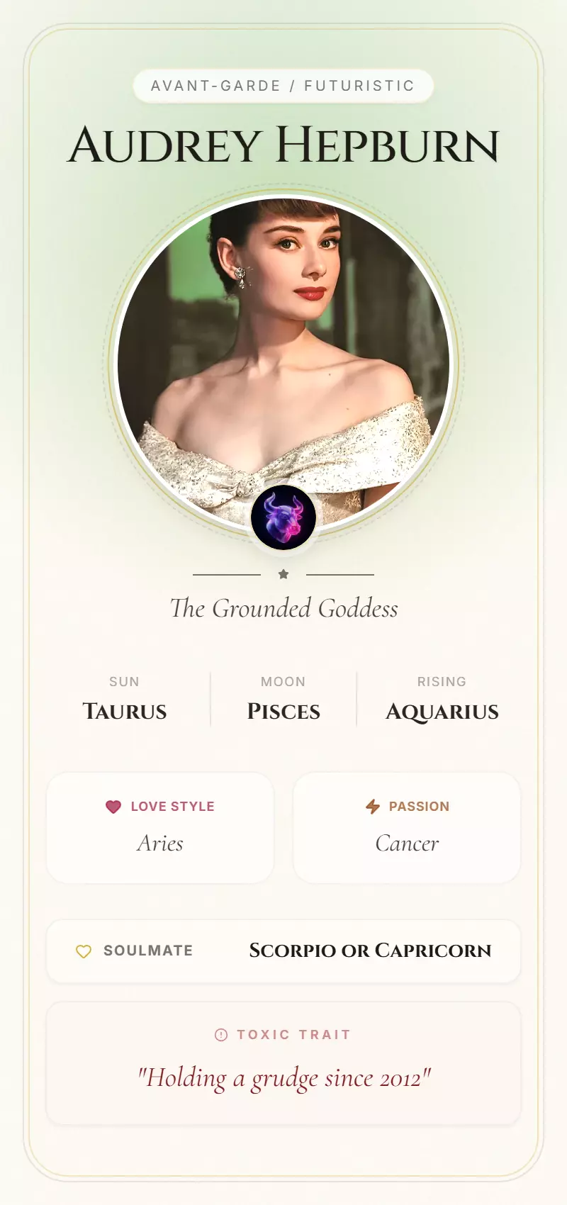 Audrey Hepburn Astrology Star Card