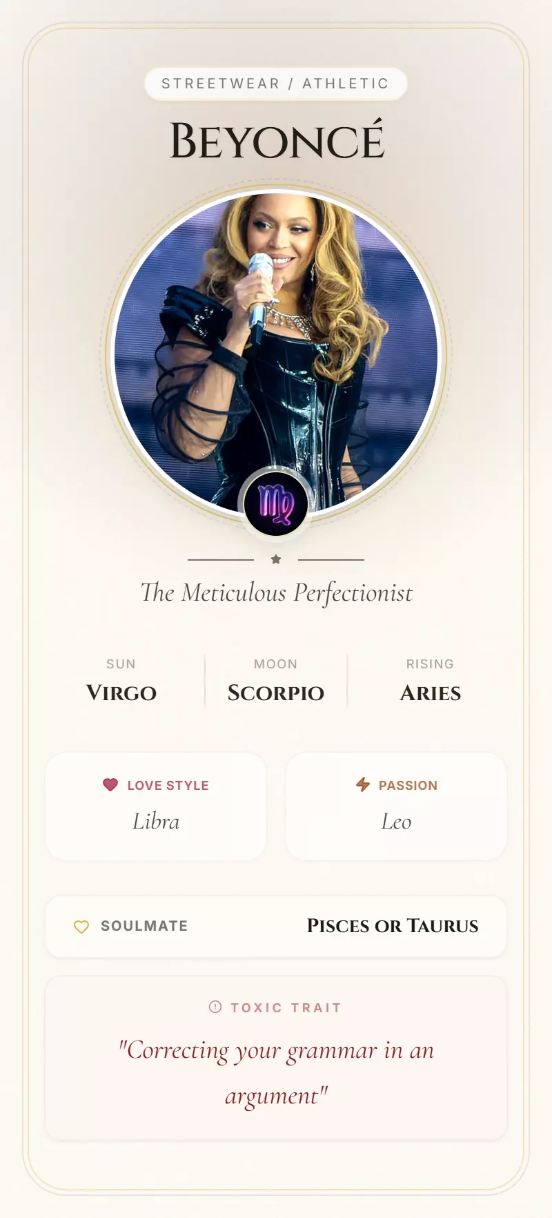 Beyoncé Astrology Star Card