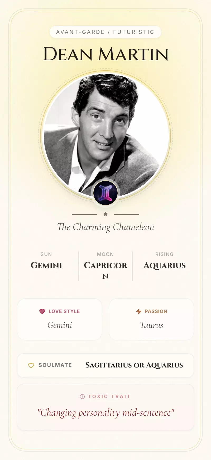 Dean Martin Astrology Star Card