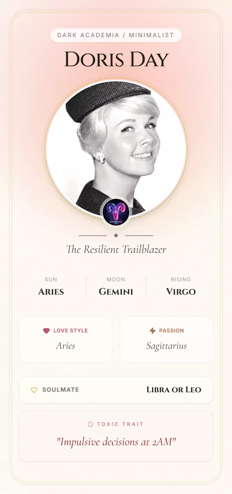 Doris Day Astrology Star Card