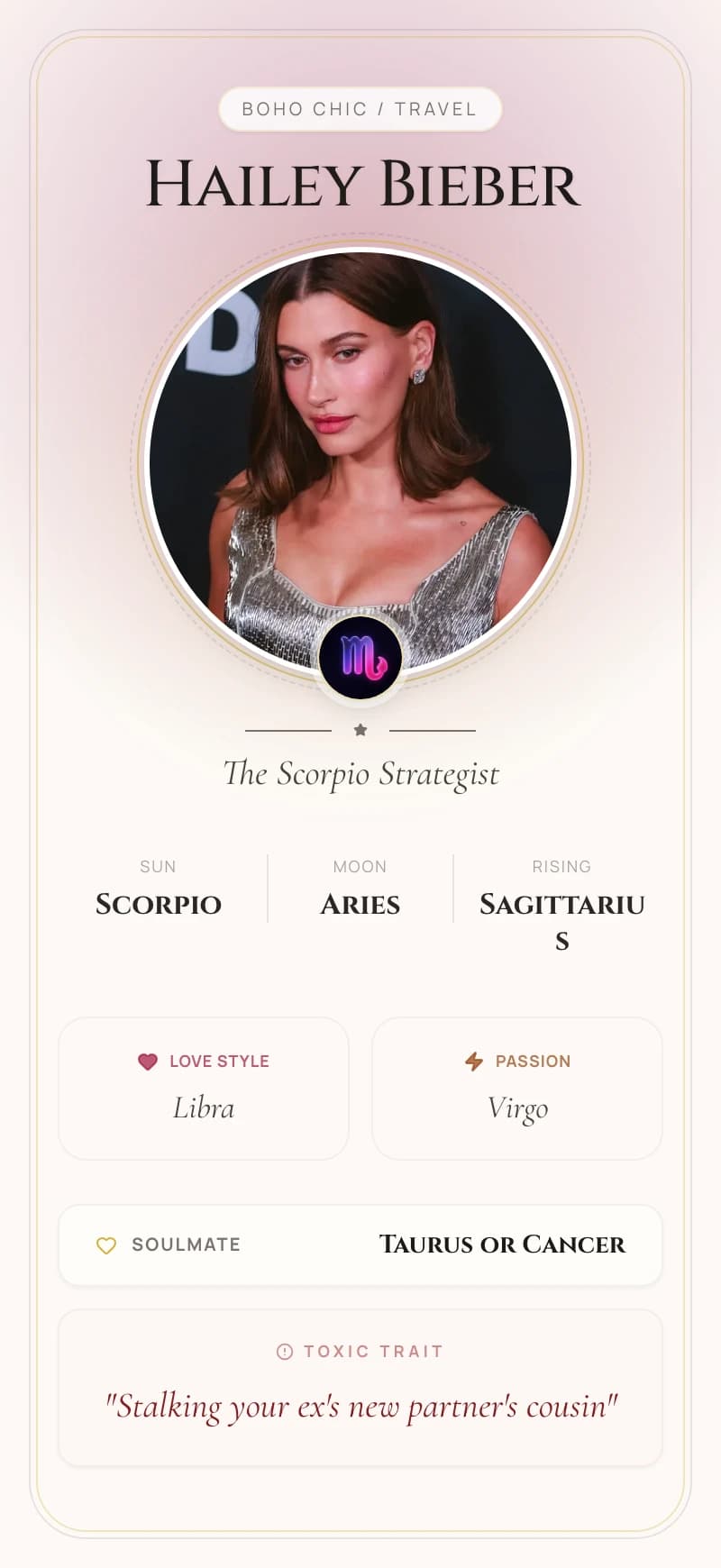 Hailey Bieber Astrology Star Card