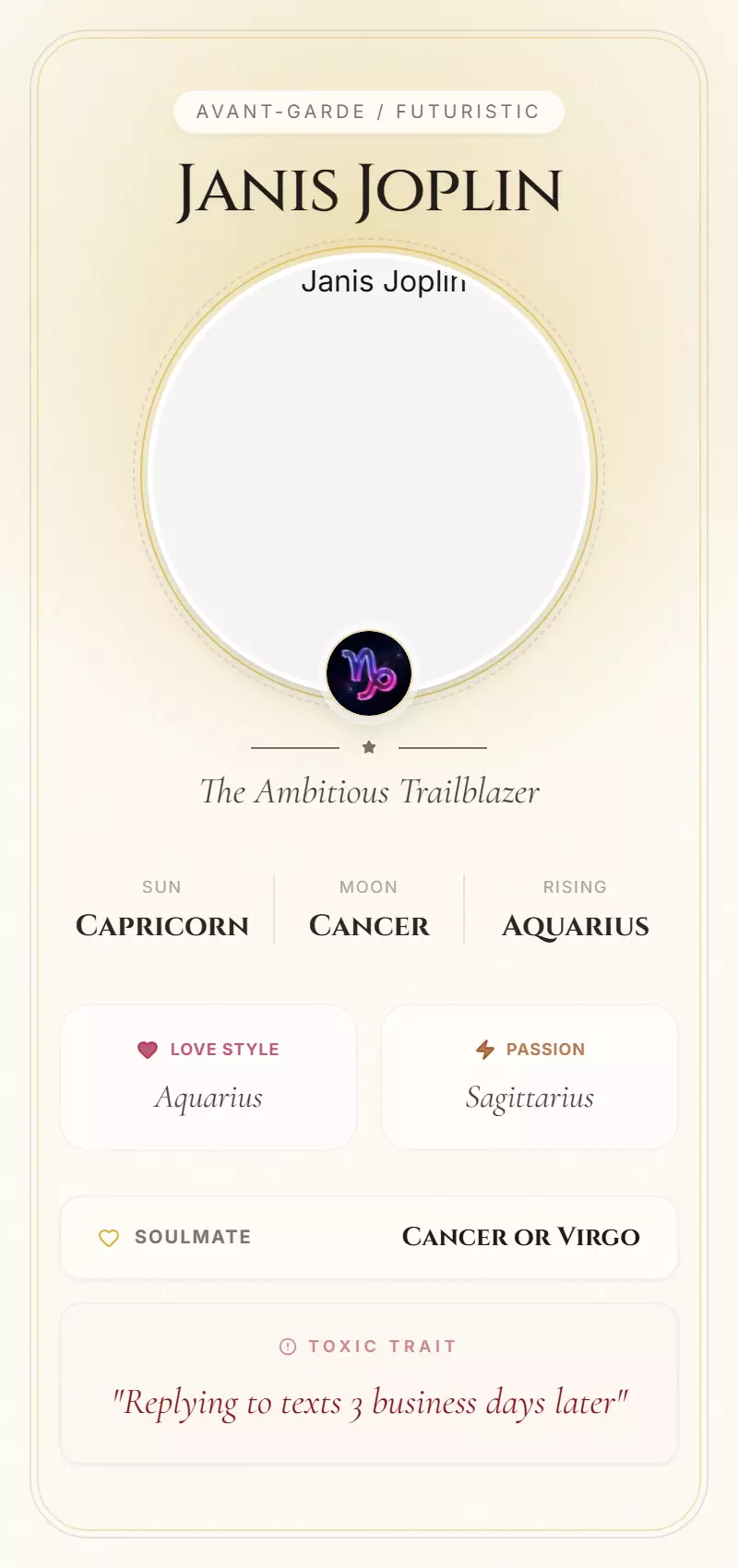 Janis Joplin Astrology Star Card