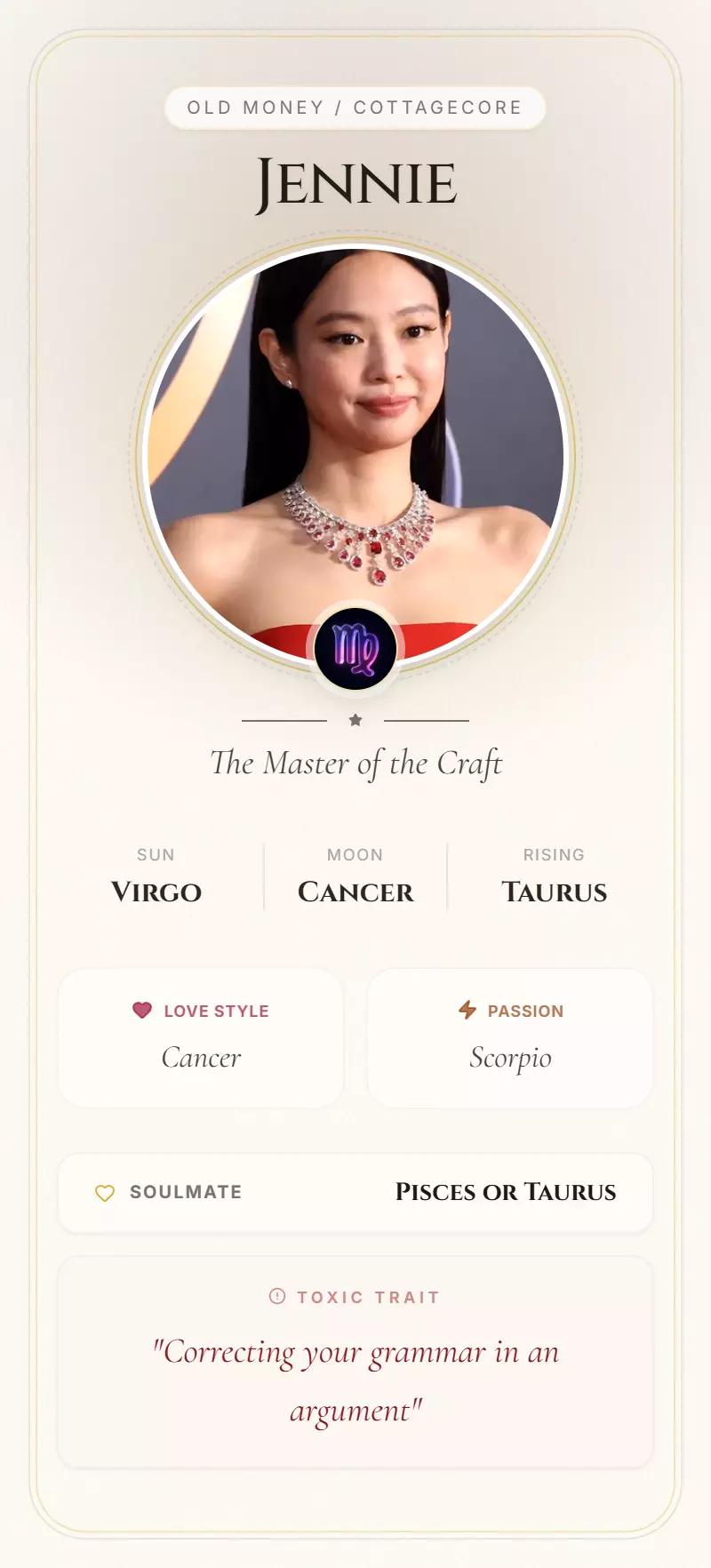 Jennie Astrology Star Card