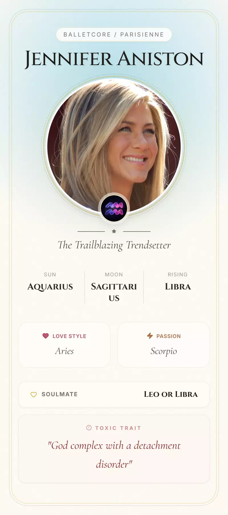 Jennifer Aniston Astrology Star Card