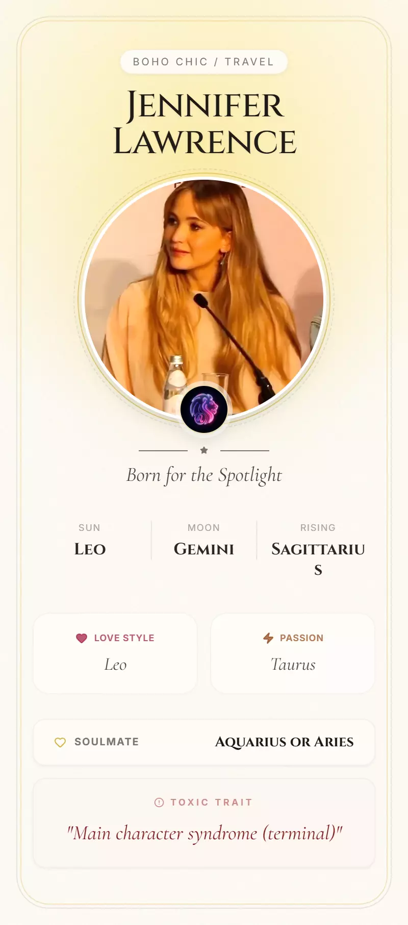 Jennifer Lawrence Astrology Star Card