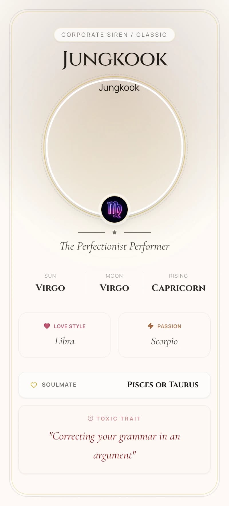 Jungkook Astrology Star Card