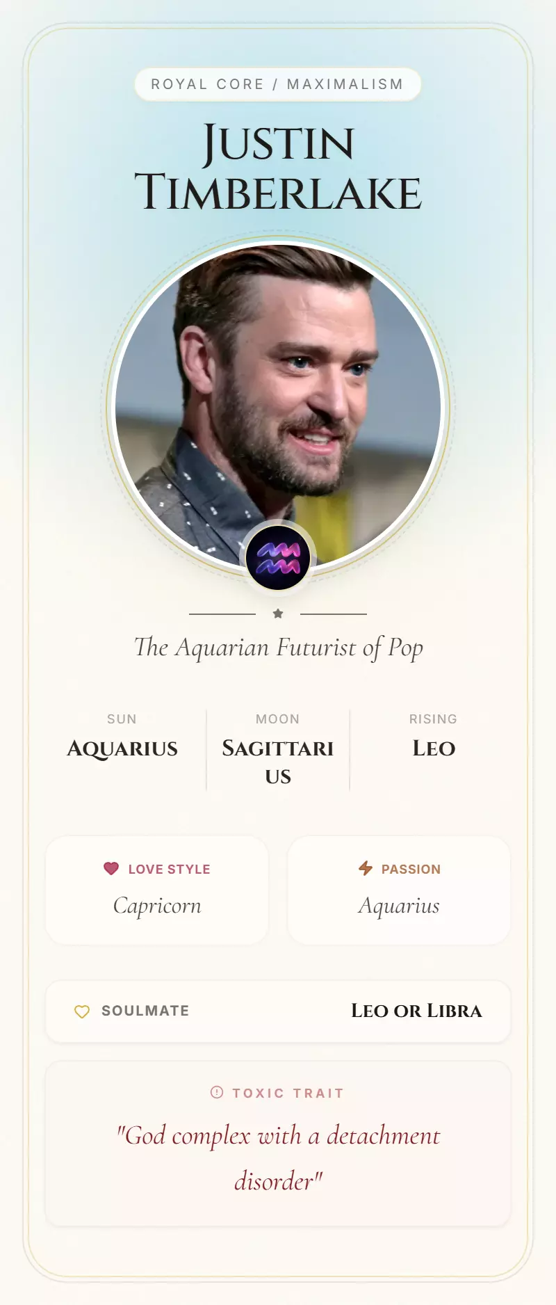 Justin Timberlake Astrology Star Card