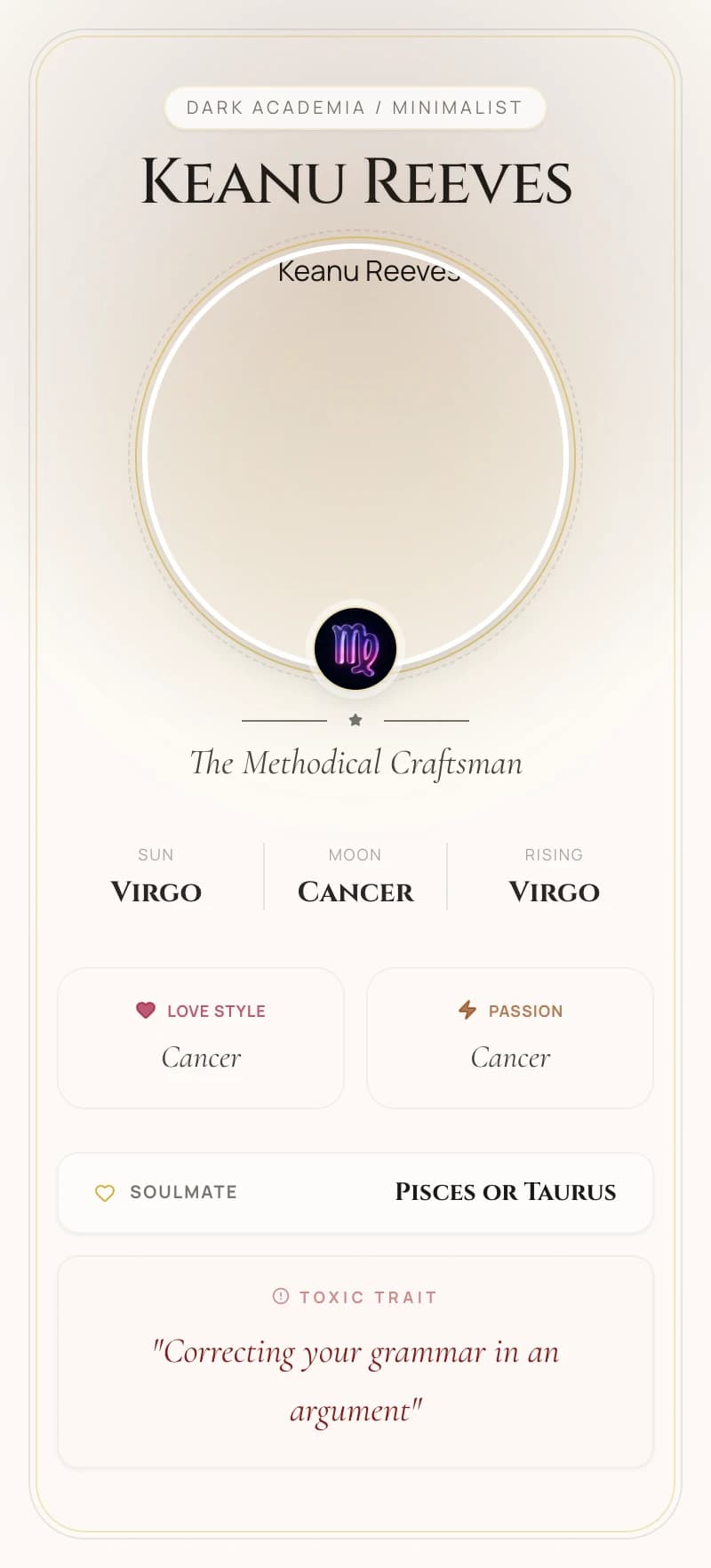 Keanu Reeves Astrology Star Card