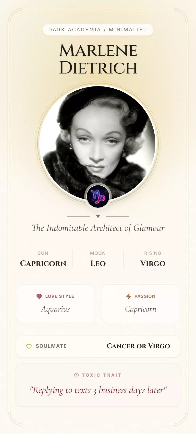 Marlene Dietrich Astrology Star Card