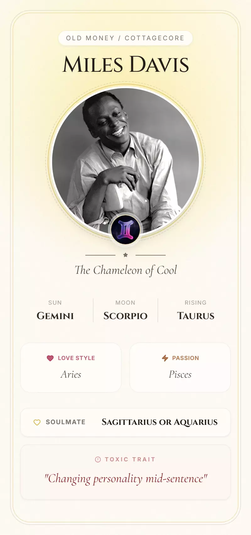 Miles Davis Astrology Star Card