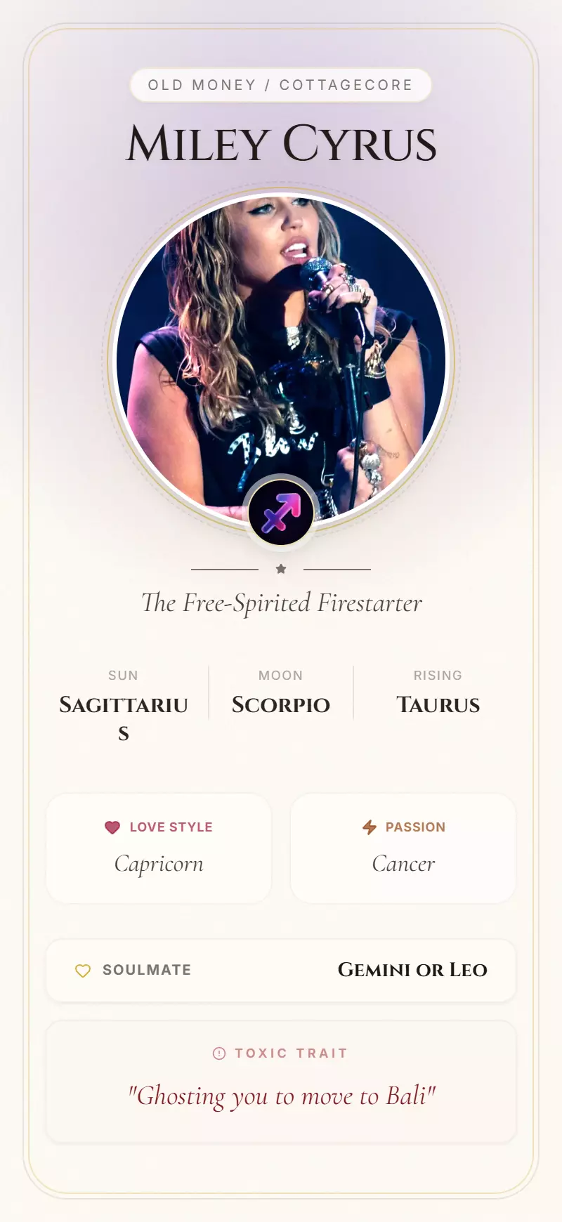 Miley Cyrus Astrology Star Card