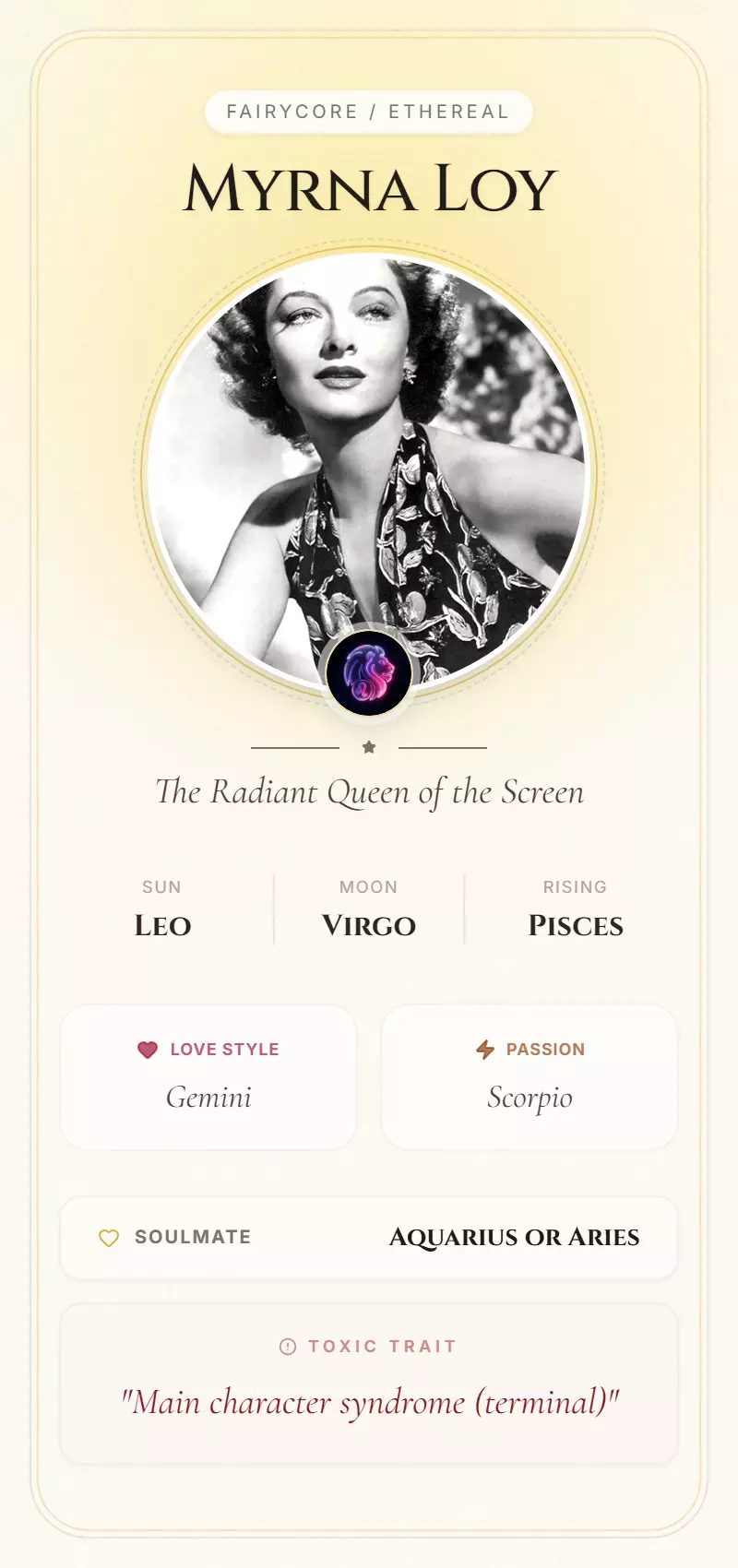 Myrna Loy Astrology Star Card