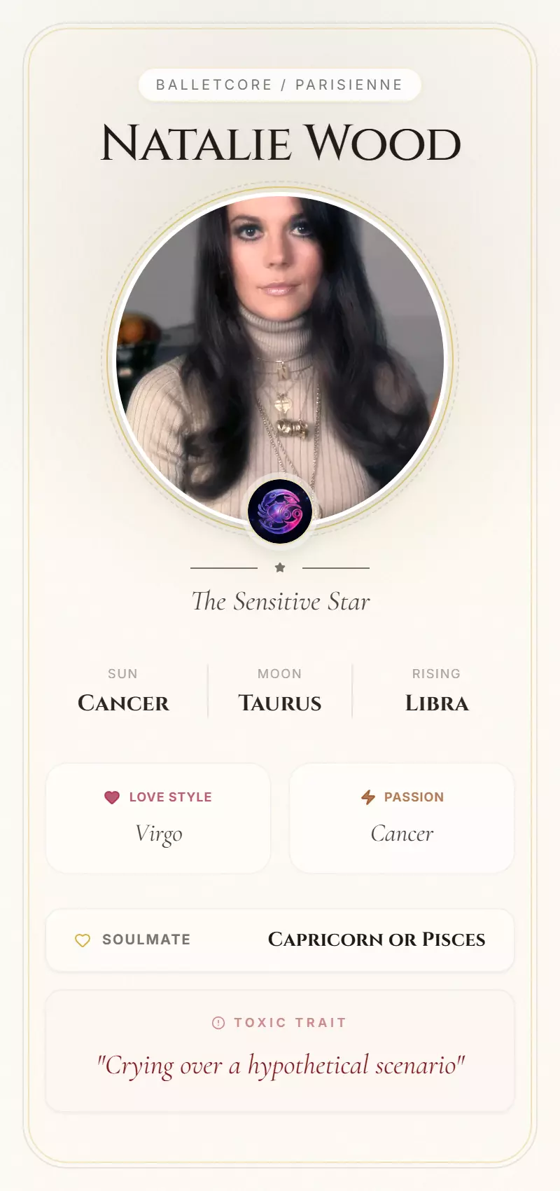 Natalie Wood Astrology Star Card