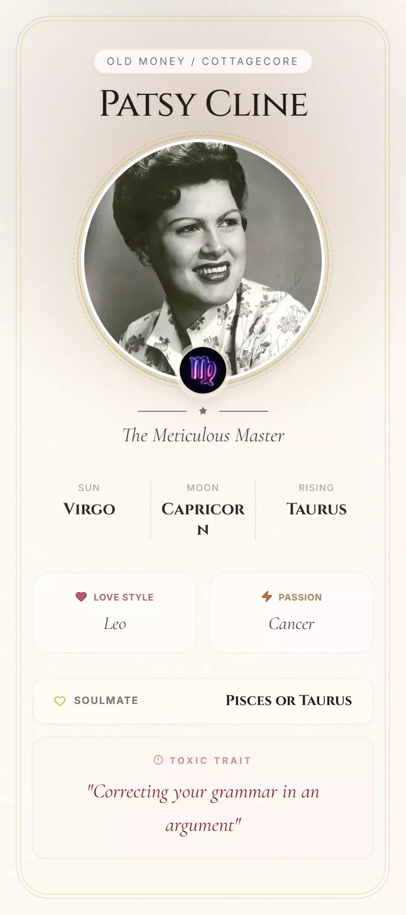 Patsy Cline Astrology Star Card