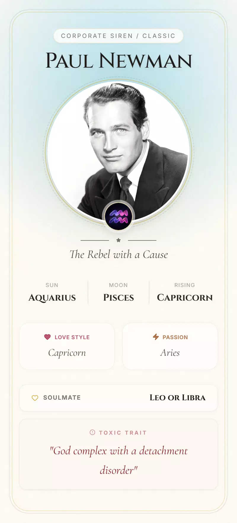Paul Newman Astrology Star Card