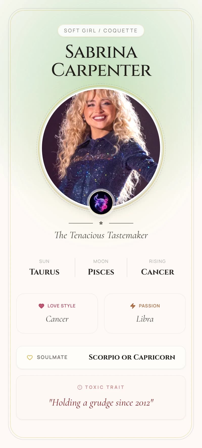 Sabrina Carpenter Astrology Star Card