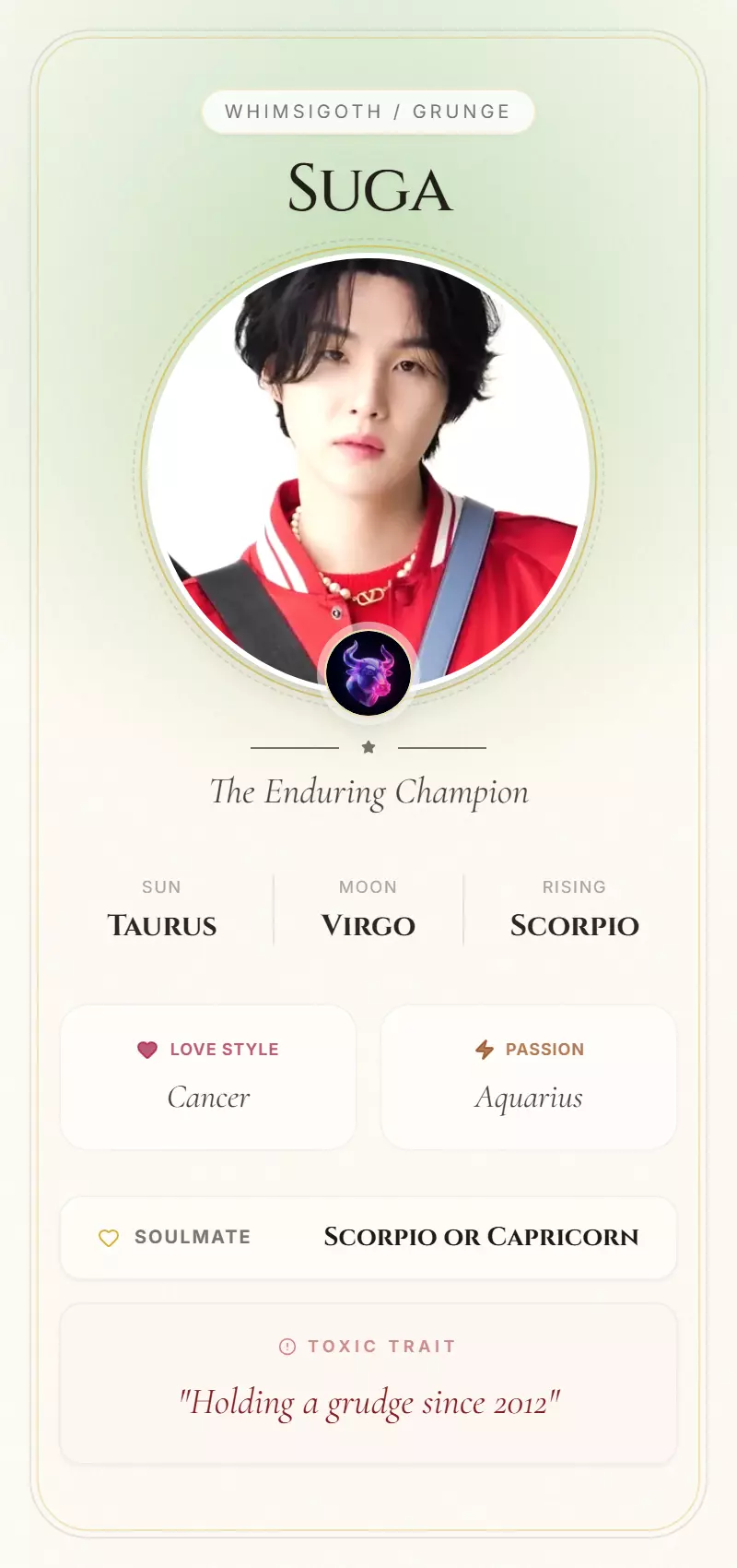 Suga Astrology Star Card