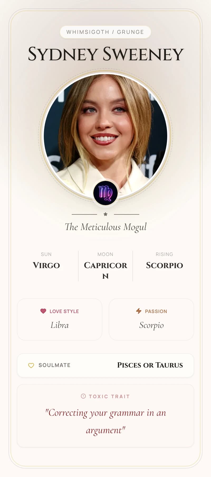 Sydney Sweeney Astrology Star Card