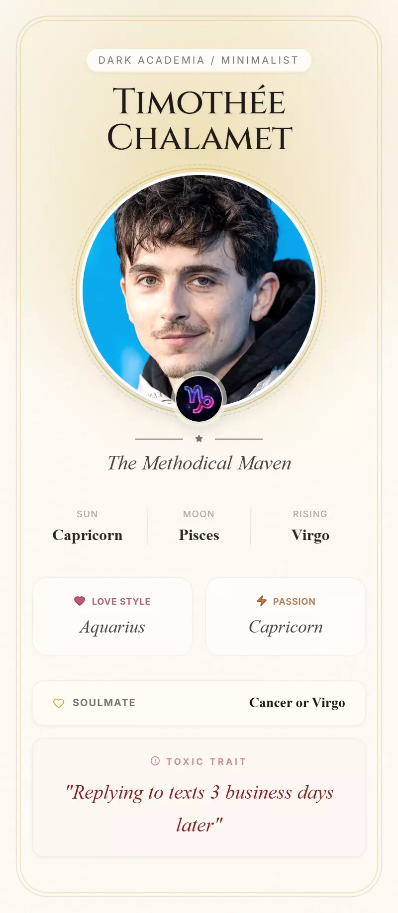 Timothée Chalamet Astrology Star Card
