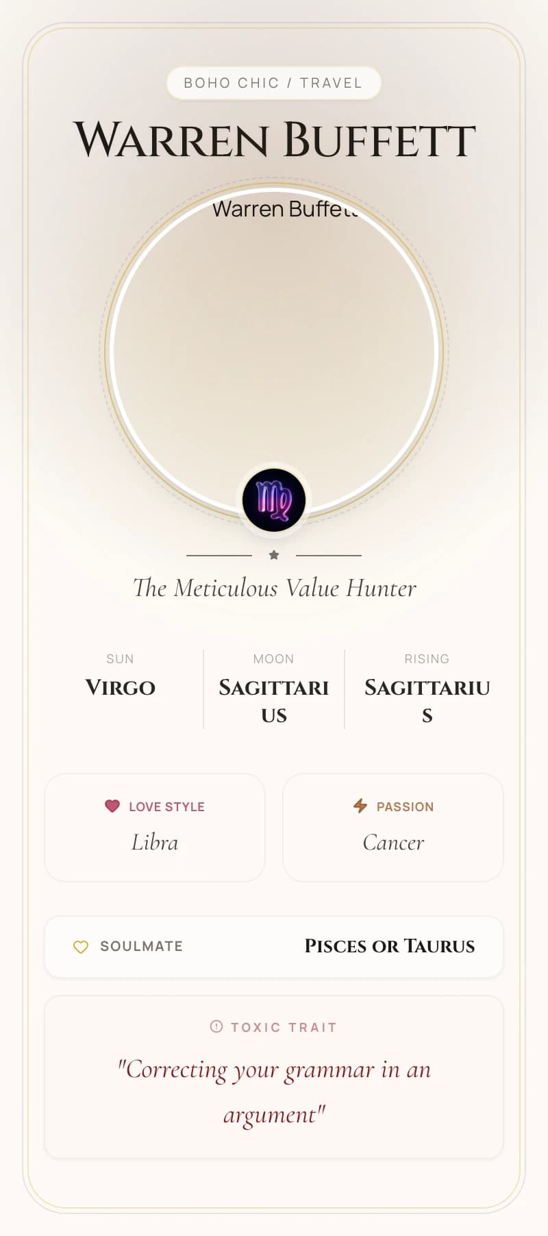 Warren Buffett Astrology Star Card