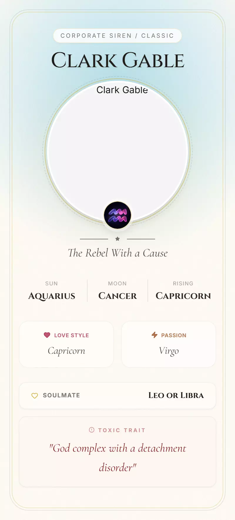 Clark Gable Astrology Star Card