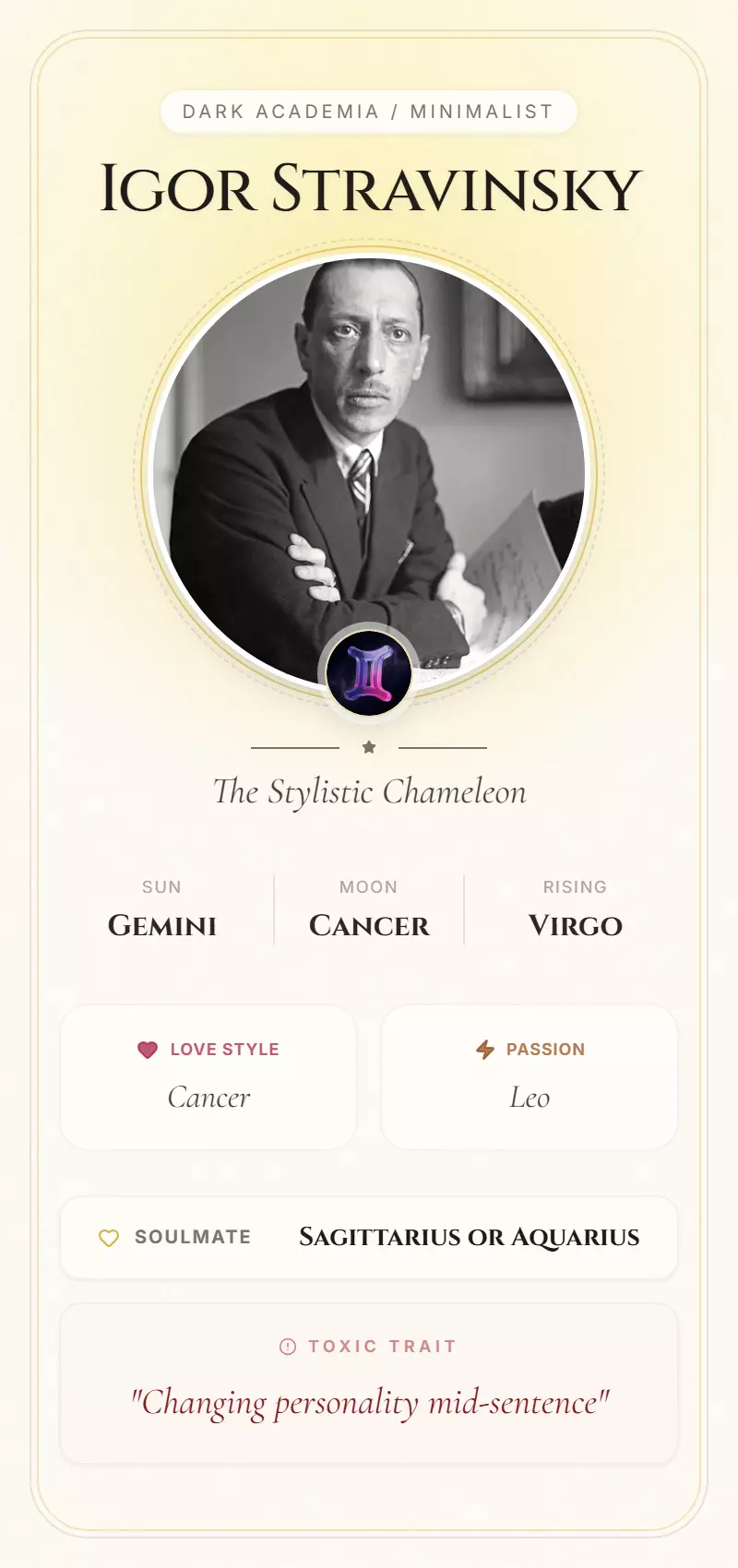 Igor Stravinsky Astrology Star Card