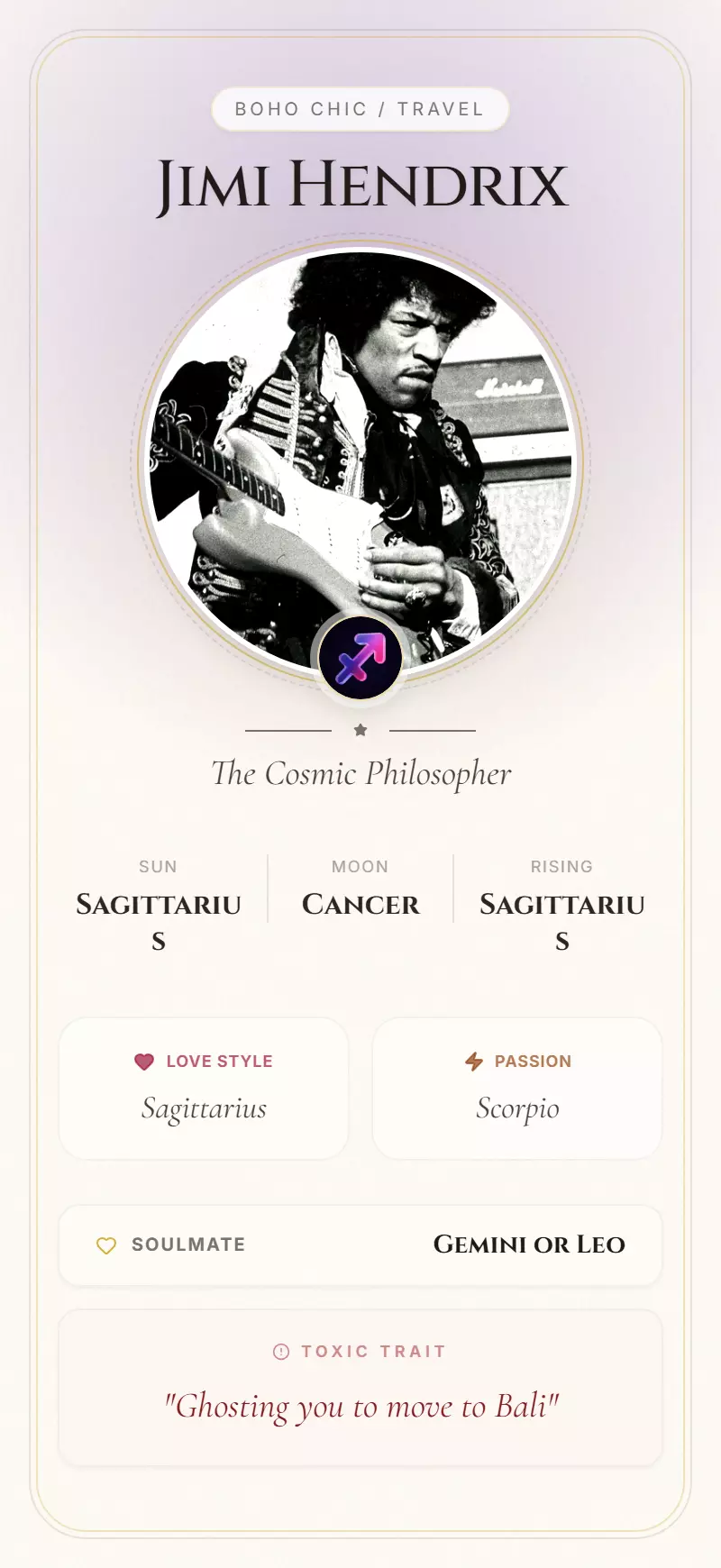 Jimi Hendrix Astrology Star Card